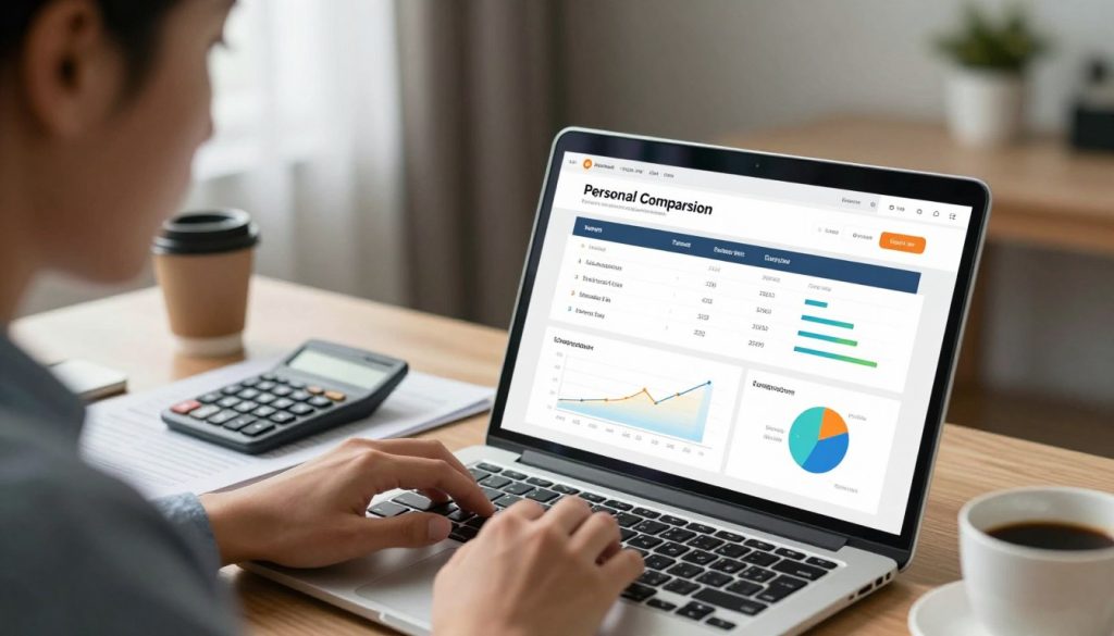 A modern digital workspace featuring a laptop open to a user-friendly personal loan comparison website. In the foreground, a close-up of the screen shows side-by-side comparisons of interest rates and terms from various loan providers, with colorful graphs and charts illustrating key information. In the middle, a person in professional business attire thoughtfully examines the laptop, their face displaying focus and determination. The background includes a well-organized desk with financial documents, a calculator, and a cup of coffee, bathed in soft, natural light filtering through a nearby window. The atmosphere is one of productivity and empowerment, suggesting confidence in making informed financial decisions. The composition is shot from a slight angle to highlight both the laptop screen and the user’s engagement with the comparison tools.