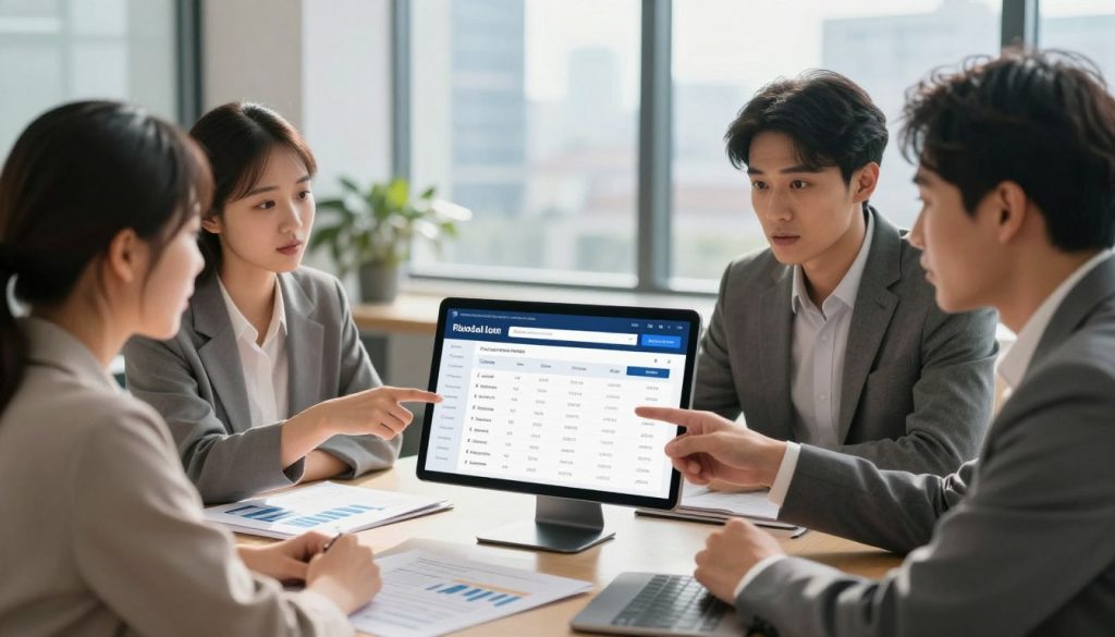A professional setting featuring a sleek digital device displaying a personal loan comparison tool on the screen. In the foreground, a diverse group of three people, dressed in smart casual attire, are engaged in discussion, pointing at the device with expressions of curiosity and focus. The middle ground includes a modern, well-lit office environment with a table covered in financial documents and a laptop. In the background, a large window reveals a cityscape, creating a sense of openness. Soft, natural light filters in, casting gentle shadows and enhancing the atmosphere of collaboration and professionalism. The overall mood is one of informed decision-making and financial empowerment.