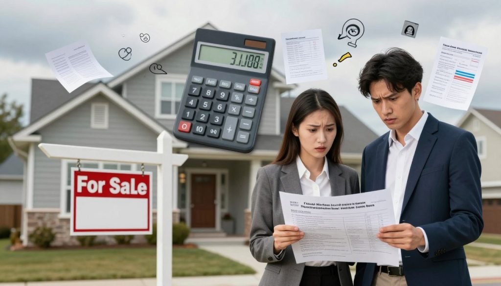 A visually striking scene illustrating the theme of "Financial Missteps for First-Time Home Buyers." In the foreground, a worried young couple in professional business attire, standing in front of a house with a "For Sale" sign, holding a long list of potential home expenses. The middle ground shows a breakdown of various financial elements, such as an exaggeratedly large calculator displaying high numbers, scattered papers with budget notes, and icons of loans and interest rates. The background features a suburban neighborhood with houses fading into the distance under a cloudy sky, adding a sense of urgency. Soft, diffused lighting highlights the couple's expressions of concern and uncertainty, creating a mood that emphasizes the stress associated with financial errors in home buying.